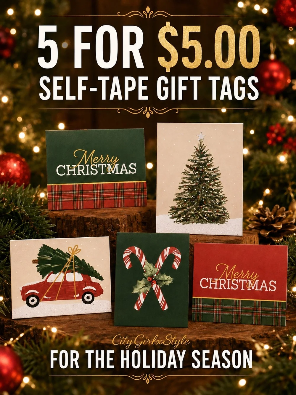 Holiday Self-Tape Gift Tags - Merry Christmas Assortment (Set of 5)